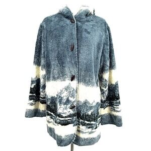 Outbrook Womens Coat M Blue Winter Sherpa Hooded Soft Toggle Cabincore Mountains